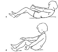 Рис. 5.2. Сесть из положения лежа на спине: а – ребенок садится, поднимая голову и глядя при этом вперед, одновременно выводя вперед руки и плечи; ноги согнуты в тазобедренных и коленных суставах; б – вторая стадия: окончание движения.