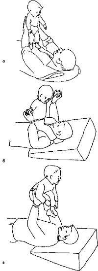 Рис. 6.26. Подвижные игры: а – дедушка держит тело малыша прямо, вес переносит чуть вперед, приподнимает плечи ребенка и выводит вперед его руки. Малыш в это время сгибает и разгибает ножки; б – папа, перемещает сына в разных направлениях, помогает ему держать спину прямо и наклоняться вперед, сгибая ноги в тазобедренных суставах; он удерживает мальчика за ладони, выпрямляя руки в локтевых и лучезапястных суставах и поворачивая их наружу; в – папа подбрасывает сынишку в воздух. Чтобы он не откидывался назад, папа фиксирует его таз, сгибая в тазобедренных суставах и перемещая вес малыша вперед.