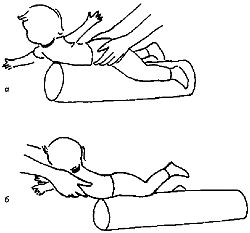 Рис. 8.10. Тренировка реакций сохранения равновесия <a href='https://med-tutorial.ru/m-lib/b/book/1326594026/52' target='_self'>в положении лежа</a> на животе (а, б).